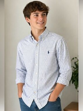 Polo Ralph Lauren Boys XL (18-20) Blue Check Button Down Shirt Classic Logo